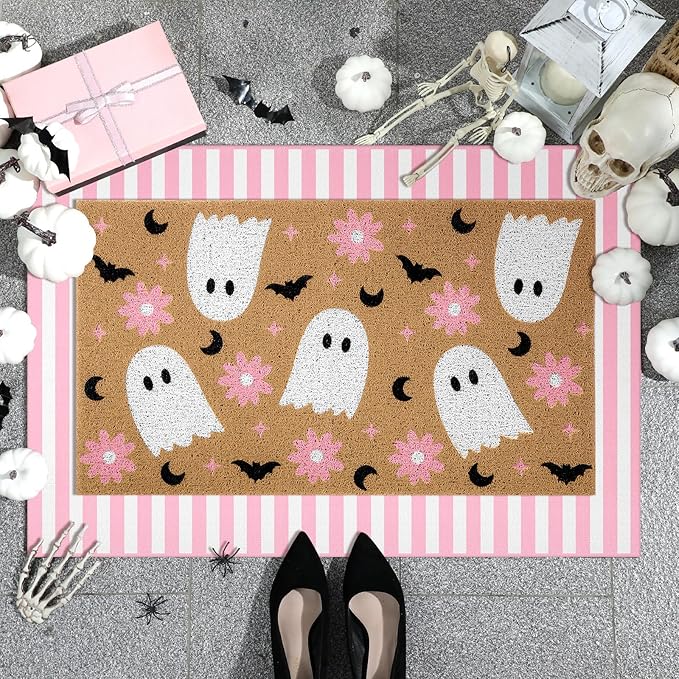 Tinideya 2 Pcs Door Mat Welcome Non Slip Coir Mats Floor Layering Doormats Seasonal for Front Porch Entryway Decor(Flower Ghost)