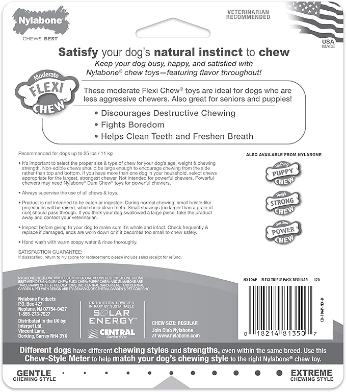 Nylabone Original Bone Flexi Chew Toy for Dogs, Dog Toys for Moderate Chewers, Dog Chew Bones, Chicken & Original Flavor, For Small Dogs - Up to 25 Ibs, 3 Pack