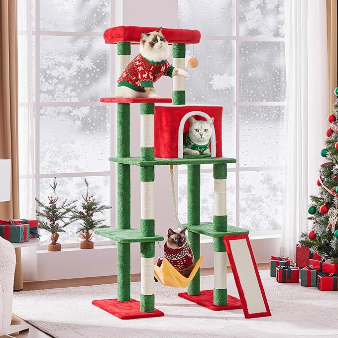 Yaheetech 63in Christmas Cat Tree with Cozy Condo, 7 Scratching Posts, Scratching Ladder, Hammock, Large Cat Tower Holiday Pet Climbing Furniture for Kittens to Play and Sleep