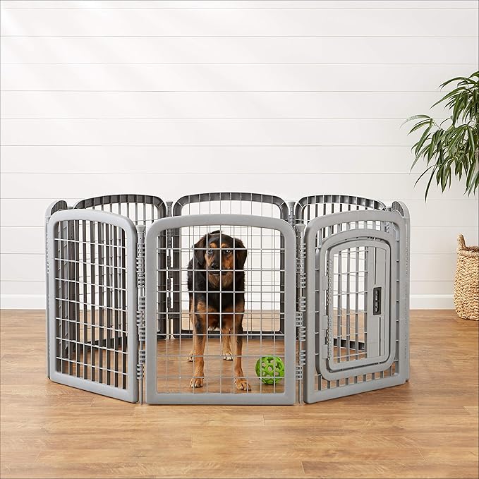 Amazon Basics 8-Panel Octagonal Plastic Dog Playpen, Indoor/Outdoor Pet Fence with Gate, Exercise Pen for Puppies and Small Animals, 28 inches, Grey