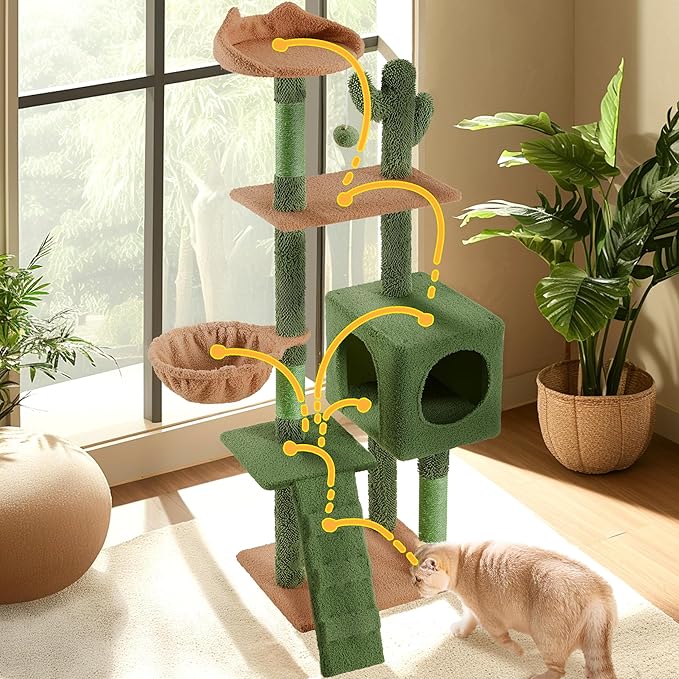 Yaheetech | Cactus Cat Tree | 59.5in Cat Tower w/Cute Perch, Cozy Condo, Convenient Climbing Ladder | Moppy Fabric-Covered Cat House for Indoor Cats | Green/Brown