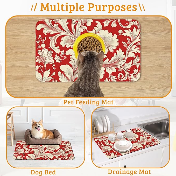 Red White Flower Feeding Mat,Paisley Absorbent Quick-Dry Cat Dog Food and Water Bowl Mats,Non-Slip Rubber Backing Mat,Cat Dog Accessories Supplies 16" x 24"