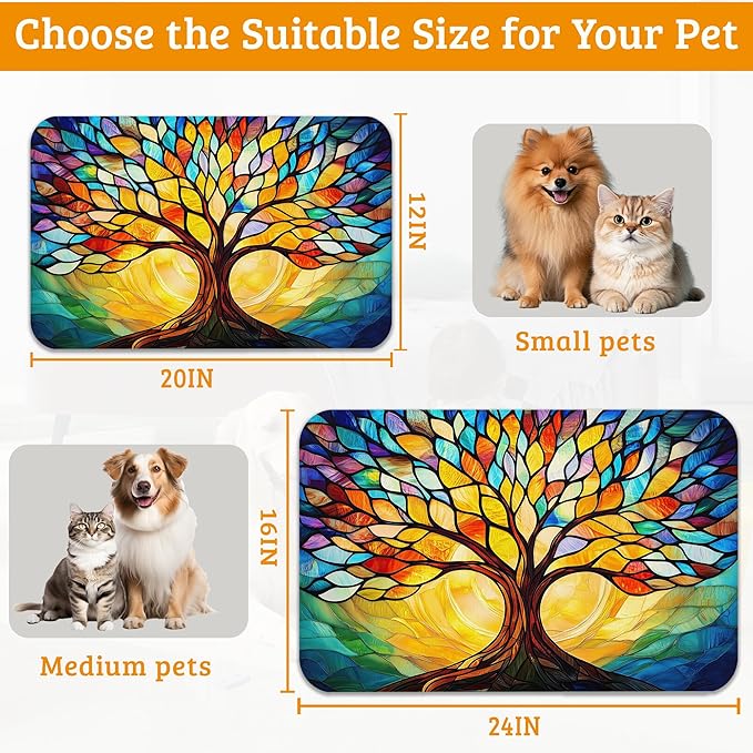 Tree of Life Feeding Mat,Colorful Tree Absorbent Quick-Dry Cat Dog Food and Water Bowl Mats,Non-Slip Rubber Backing Mat,Cat Dog Accessories Supplies 16" x 24"