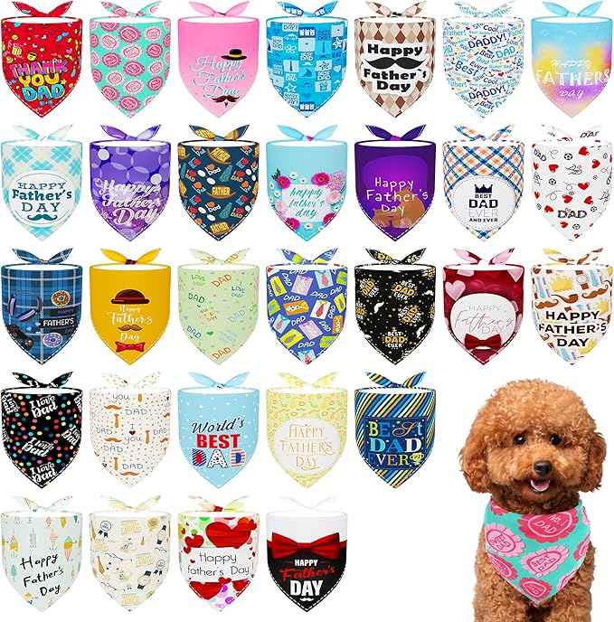 30 Pack Fathers Day Dog Bandanas Bulk for Small Dogs Kittens Breed 18 Inch Love Dad Dog Bandanas XS Puppy Doggy Best Dad Dogs Bandana Grooming S