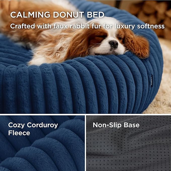Bedsure ComfyFleece™ Donut Large Dog Bed - Washable Faux Fur, Corduroy Fleece & Anti Slip Bottom, Round Pet Beds with Removable Cover, Night Blue, 36x36x8 inches