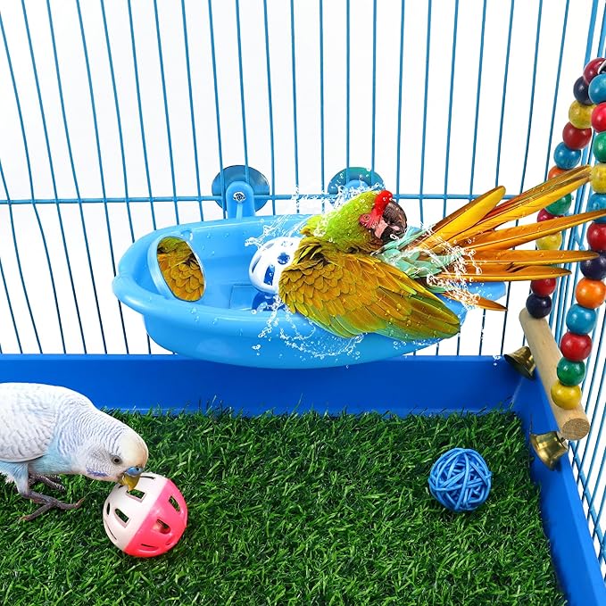 Bird Bath for Cage, Bird Bath Toy with Small Double-Sided Mirror, Birdbath Cage Accessory with Small Bells for Small Birds Parrots Cockatiel Budgies