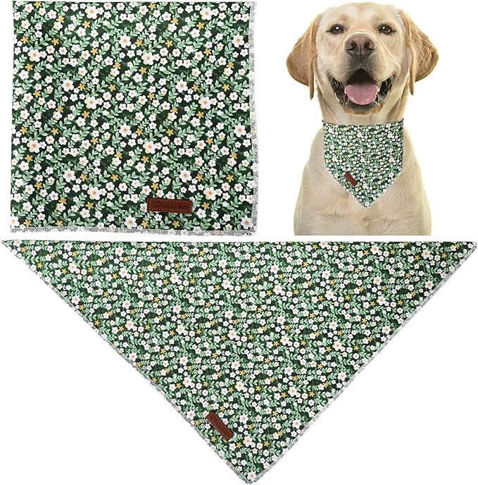Summer Bandana - Cute Pet Bandana with Flower Pattern, Adjustable Green Puppy Bib, Washable Triangle Dog Scarf for Boy, Girl Dogs or Cats