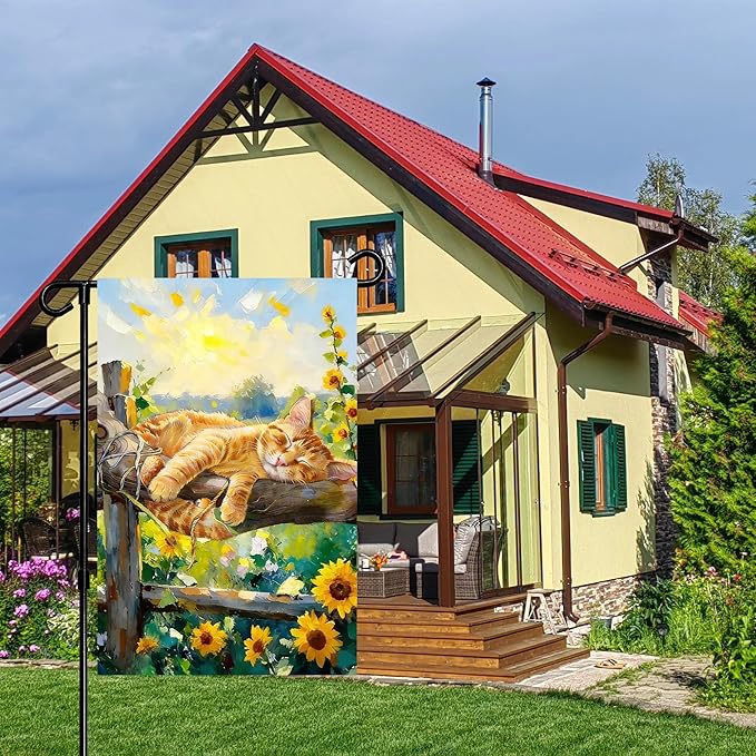 Spring Summer Garden Flag 12x18 inches Double Sided Sleeping Orange Tabby Cat Banner for Porch Yard Patio Spring Summer Home Decorations