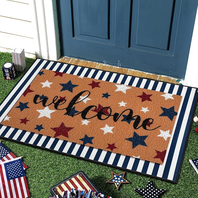 Tinideya 2 Pcs Door Mat Welcome Non Slip Coir Mats Floor Layering Doormats Seasonal for Front Porch Entryway Decor(Patriotic)