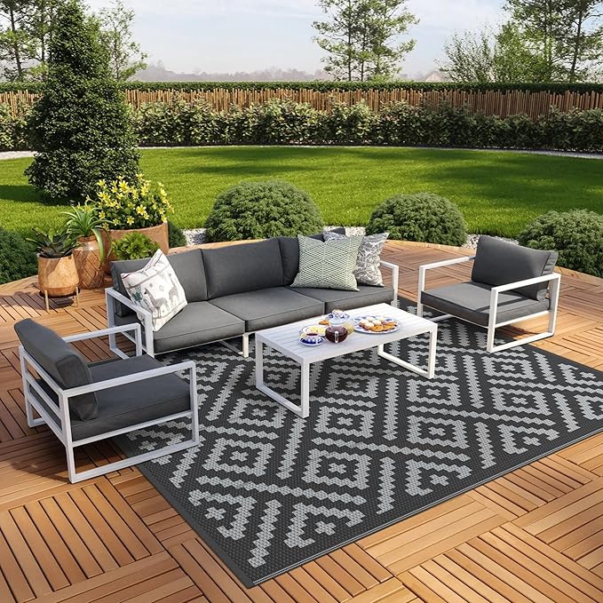 GENIMO Outdoor Rugs 8x10 Waterproof, Reversible Mats, Area Plastic Straw Rug, Outside Carpet, Geometric Rv Mat for Patio Camping Rv Picnic Backyard Deck Balcony Porch Beach Trailer (Black & Grey)