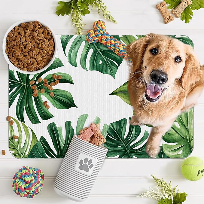 Palm Leaf Pet Feeding Mat,Boho Absorbent Quick-Dry Cat Dog Food and Water Bowl Mats,Non-Slip Rubber Backing Mat,Cat Dog Accessories Supplies 12"x20"