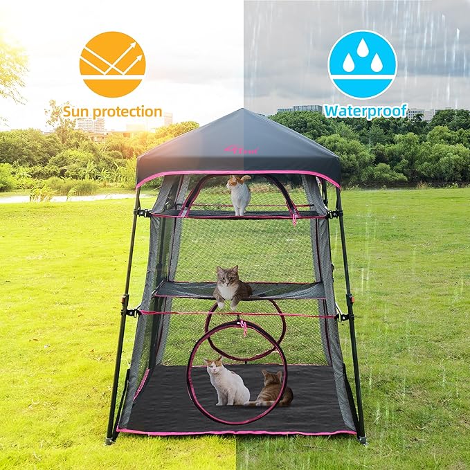 Pop Up Catio Cat Enclosure for Indoor and Outdoor with Waterproof Bottom,3 Tier Spacious Cat Tower Tent,Portable Outdoor Cat Tent for Patio,Balcony, Deck & Camping Weatherproof & Sunproof(Patented)