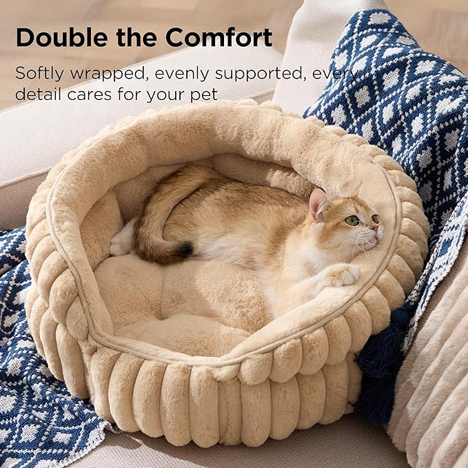 Bedsure ComfyFleece™ Small Cat Bed, Washable Round Cute Pet Beds for Indoor Cats, Super Soft Corduroy Kitten Bed with Anti-Slip Bottom, 20''x20''x8'', Sandy Beige