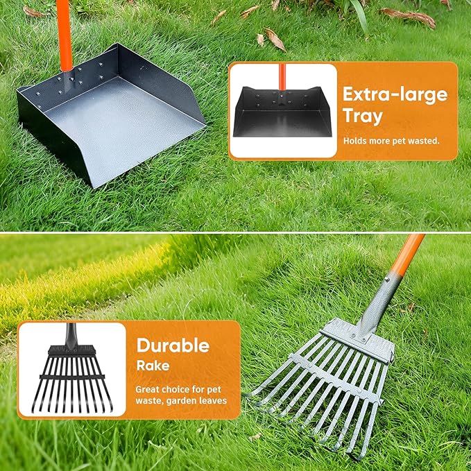 Pooper Scooper, Detachable Long Handle Dog Pooper Scoopers with Heavy Duty Metal Rake and Tray, Durable Pooper Scooper for Large Dogs, Great for Lawn, Grass, Dirt, Gravel, Yard