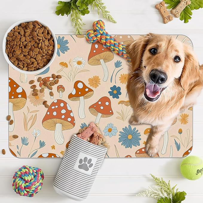 Cute Mushroom Flower Dog Cat Food Mat,Absorbent Pet Feeding Mat with Rubber Backing,Non-Slip Water Bowl Placemat,Indoor Pet Accessories Supplies 12"x20"