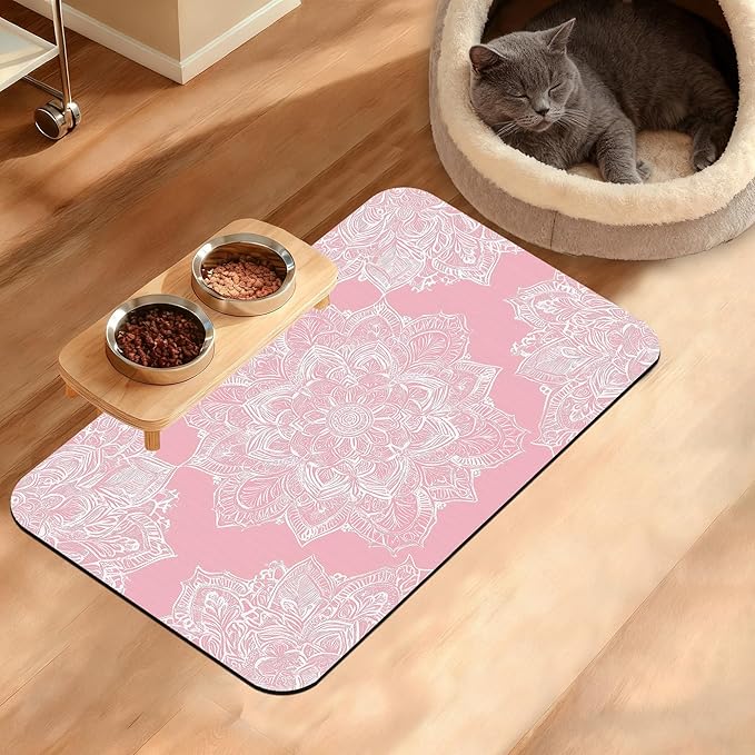 Pet Feeding Mat,Boho Mandala Absorbent Dog Cat Food Mat Pink Flower Dog Mat with Rubber Backing,Non-Slip Water Bowl Placemat,Pet Supplies 12" x 20"