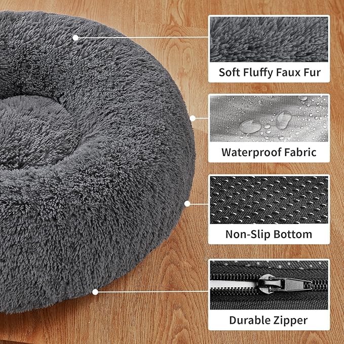 OhGeni 31 inches Calming Donut Orthopedic Dog & Cat Bed for Medium Pets, Warming Comfort Fluffy Long Pile Fur, Durable Waterproof Machine Washable Removable Cover, Cute Round Bed for Puppy, Dark Gray