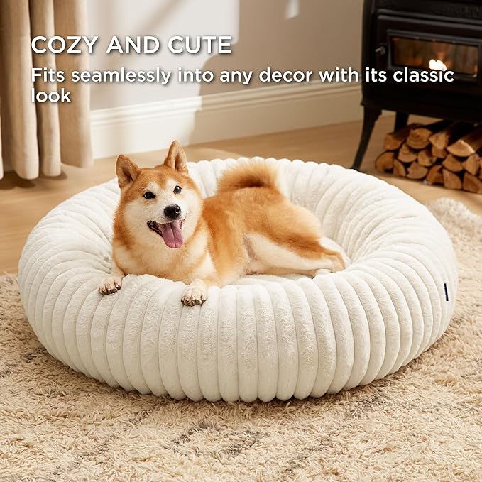 Bedsure ComfyFleece™ Donut Large Dog Bed - Washable Faux Fur with Corduroy Fleece & Anti Slip Bottom, Round Pet Bed with Removable Cover, Cream, 36x36x8 inches