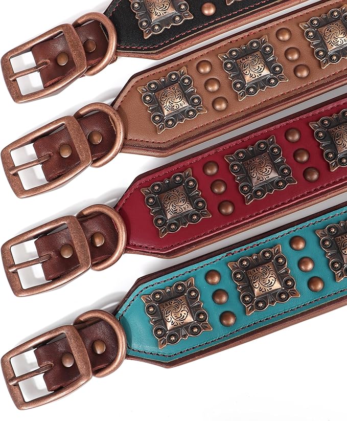 PET ARTIST Upgrade Padded Leather Dog Collar, 2 inch Wide Genuine Leather Dog Collars with Strong Studded Rivet & Metal Buckle, Adjustable Large Dog Collar for Pit Bull Doberman,Red,Neck 19-22"