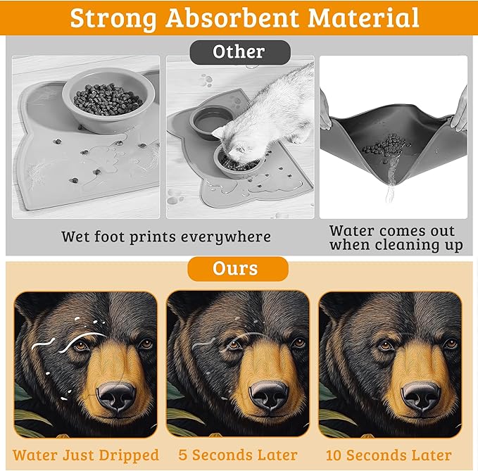 Brown Bear Dog Food Mat,Forest Absorbent Pet Feeding Mat for Food and Water Bowl,Quick Dry Dog Placemat Non Slip Rubber Backing Waterproof Pet Supplies 16" x 24"