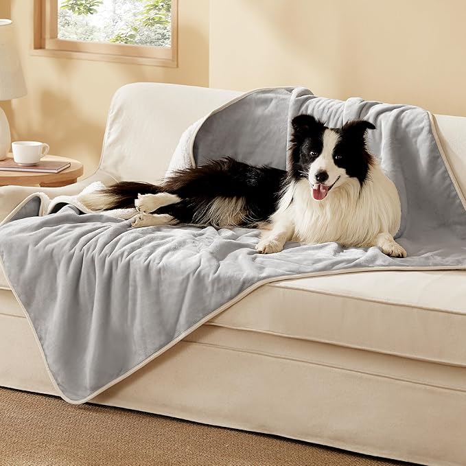 Bedsure Waterproof Dog Blankets for Large Dogs - Large Cat Blanket Washable for Couch Protection, Sherpa Fleece Puppy Blanket, Soft Plush Reversible Throw Furniture Protector, 40"X50", Light Grey