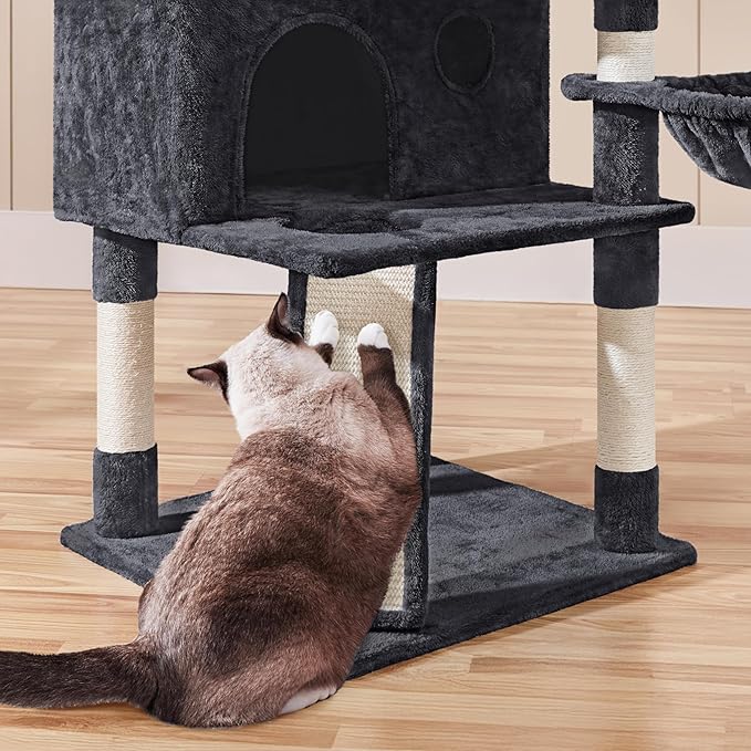 Yaheetech 76.5in Multi-Level Large Cat Tree, Big Cat Tower with 3 Condos, Cozy Plush Perches, 9 Sisal Scratching Posts and Ladder, Activity Center for Large Kitties, Black