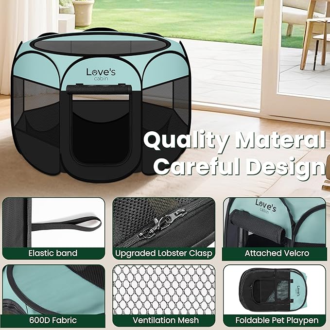 Love's cabin Pet Puppy Dog Playpen, Small Dog Tent Crates Cage Indoor/Outdoor, Portable Playpen for Cat, Foldable Pop Up Dog Kennel Playpen with Carring Case, Removable Zipper Top, Green