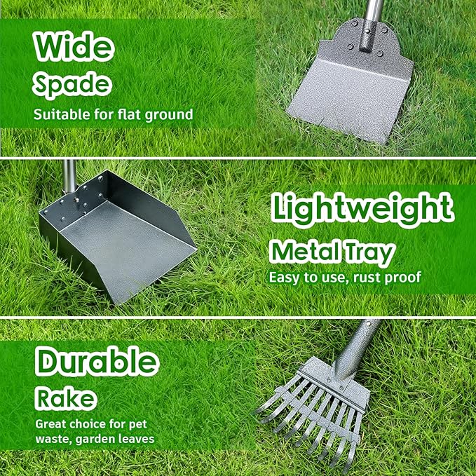 Pooper Scooper, Long Handle Dog Pooper Scooper, Heavy Duty Stainless Steel Rake, Tray & Spade Set for Pet Waste Removal, Use on Grass, Dirt or Gravel