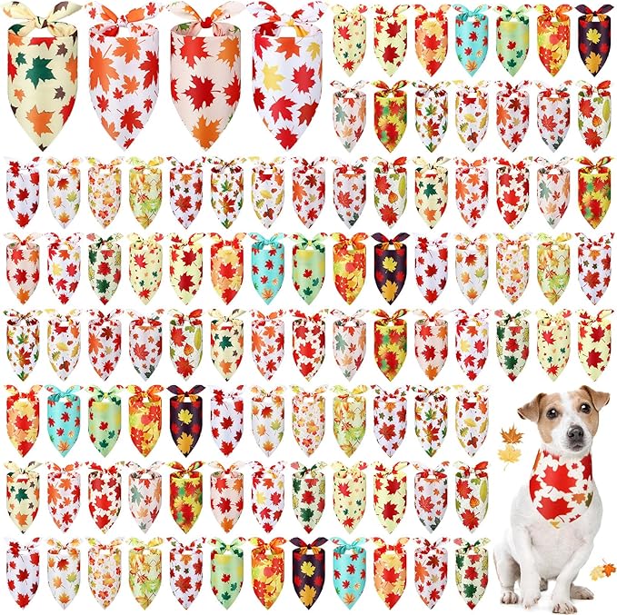 Chunful 100 Pieces Thanksgiving Dog Bandanas Bulk Fall Autumn Pet Bandanas with Leaves Patterns Triangle Scarf Bib Kerchief Set for Small Large Dog Costume Accessories (25.6 x 17.7 x 17.7)