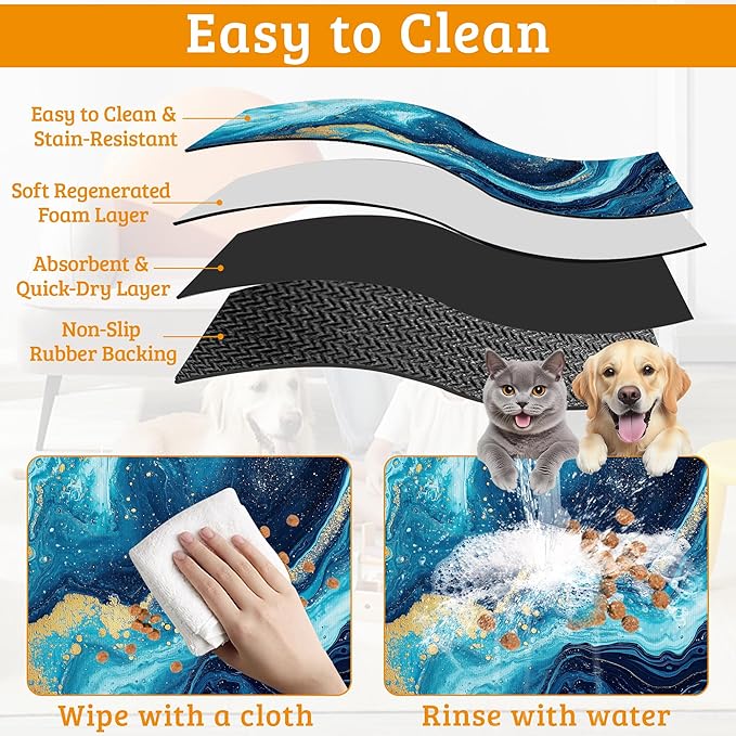 Dog Bowl Mat,Blue Gold Marble Pet Feeding Mat for Floors Waterproof,Flowing Absorbent Dogs Placemat for Food and Water Quick Dry Pet Cat Feeding Mats with Non Slip Bottom 16" x 24"