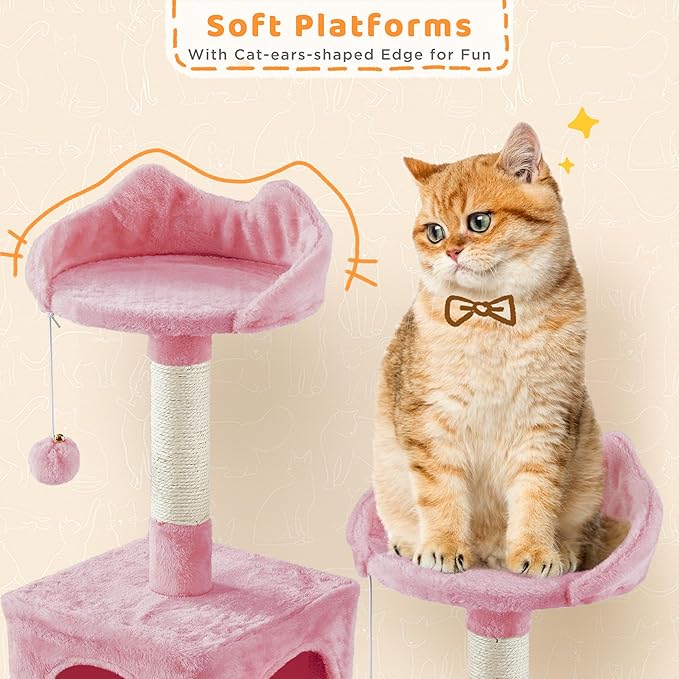 Yaheetech Cat Tree, 82.5in Super Tall Tower w/Cute Top Perches, Scratching Posts, 2-in-1 Ramps, Cozy Basket, Extra Large Condo for Indoor Kittens, Pink