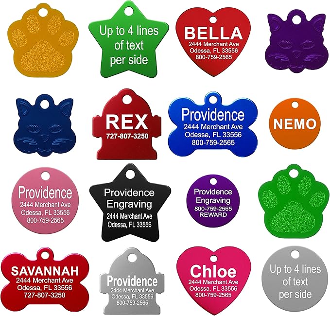 Providence Engraving Pet ID Tags - Small or Large Personalized Anodized Aluminum Pet Tags in Bone, Round, Star, Heart, Hydrant, Paw and Cat Face Shapes and 9 Colors for Dog and Cat