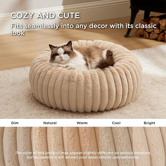 Bedsure ComfyFleece™ Cat beds for Indoor Cats - Donut Dog Beds for Small Dogs with Corduroy Fleece & Anti Slip Bottom, Faux Fur Pet Beds with Washable Removable Cover, Sandy Beige, 20x20x6 inches