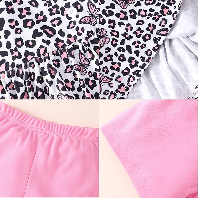 Toddler Baby Girls Summer Clothes Outfits Ruffled Sleeve Dinosaur Shirt Leopard Tops and Shorts Pants Sets 2PCS