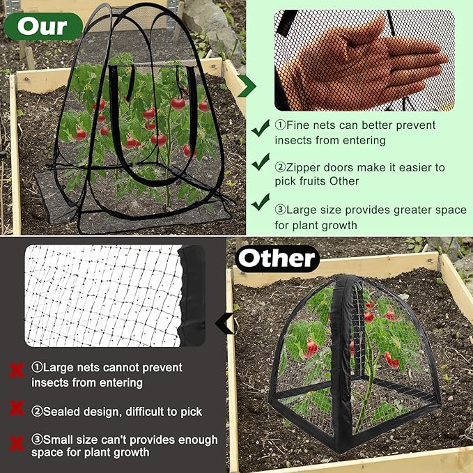 Pop Up Mesh Plant Protectors from Animals,Large Plant Netting Guard Cover with 8 Stake Crop Cage Fine Mesh Plant Tents for Protect Flower Tomato Vegetable from Deer Cat Bird Squirrel, 28x28x34 in