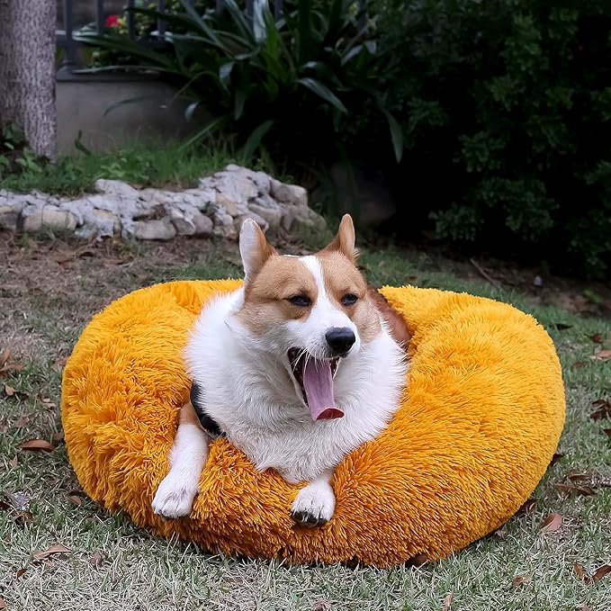 Calming Dog Bed for Medium Dogs Washable Donut 30 inches Anti-Slip Pet Bed,Round Fluffy Plush Faux Fur Cat Bed,Fits up to 45 lbs Pets,Orange