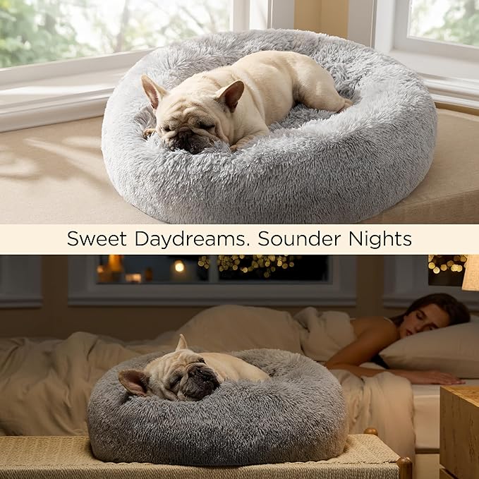 Bedsure Calming Dog Bed for Large Dogs - Donut Washable Large Pet Bed, 36 inches Anti-Slip Round Fluffy Plush Faux Fur Dog Bed, Fits up to 80 lbs Pets, Pale Grey