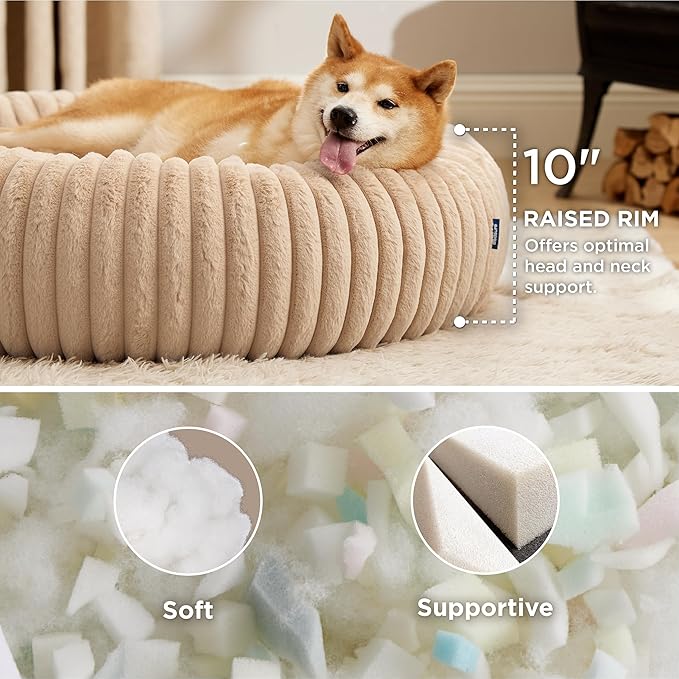 Bedsure ComfyFleece™ Donut Large Dog Bed - Washable Faux Fur with Corduroy Fleece & Anti Slip Bottom, Round Pet Bed with Removable Cover, Sandy Beige, 36x36x8 inches