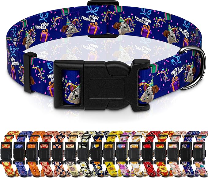 Dog Collar, Classical Birthday Gift Boys Girls Puppy Collar for Small Medium Large Dogs, Adjustable Soft Pet Collar with Safety Buckle for Male Females(Purple Birthday, XS)