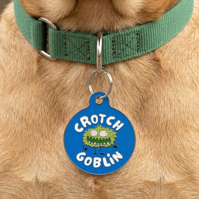 Bad Tags Personalized Dog and Cat ID Tags in 25+ Designs and 2 Sizes - 5 Lines of Custom Engraved Text - Funny Cute Personalized Pet Tags (Crotch Goblin, Small (1 inch))