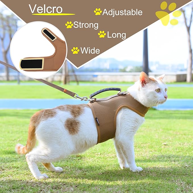 Kitty Harness and Leash for Walking Escape Proof Breathable Mesh Fabric, Solid Brown, X-Small, Adjustable Cat Walking Jackets with Handle, Padded Stylish Cat Vest