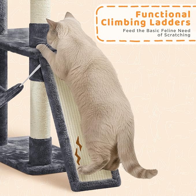 Yaheetech Cat Tree, 82.5in Large Tower w/Hammock, 2 Kitty-Ear Perches, 2 Cozy Condos, Scratching Posts, Basket, Furniture for Large Cats, Kittens, Dark Gray
