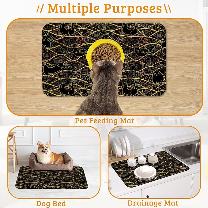 Japanese Cats Feeding Mat,Absorbent Quick-Dry Cat Dog Food and Water Bowl Mats,Non-Slip Rubber Backing Mat,Cat Dog Accessories Supplies 16" x 24"