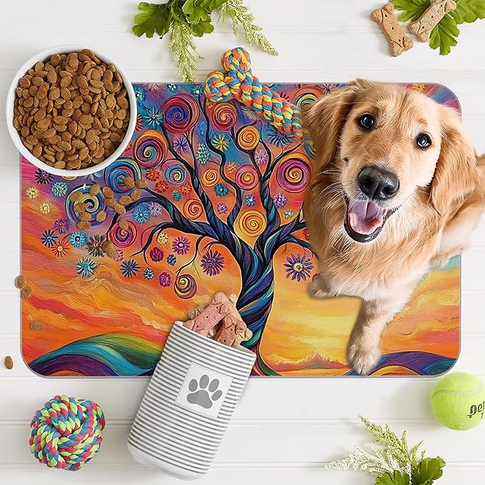 Abstract Tree Flowers Dog Food Mat for Floors,Color Absorbent Pet Food and Water Bowl Mats,Non-Slip Pet Feeding Mat,Pet Supplies 16" x 24"
