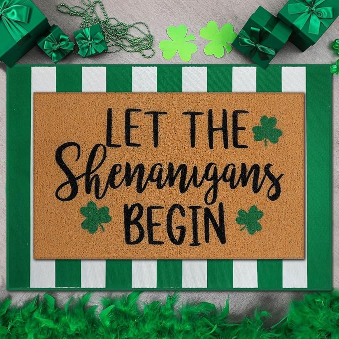 Tinideya 2 Pcs Irish Festival Door Mat Fest Welcome Non Slip Coir Mats Shenanigans Green White Stripe Floor Layering Doormats Seasonal for Front Porch Entryway Decor(Irish Festival)