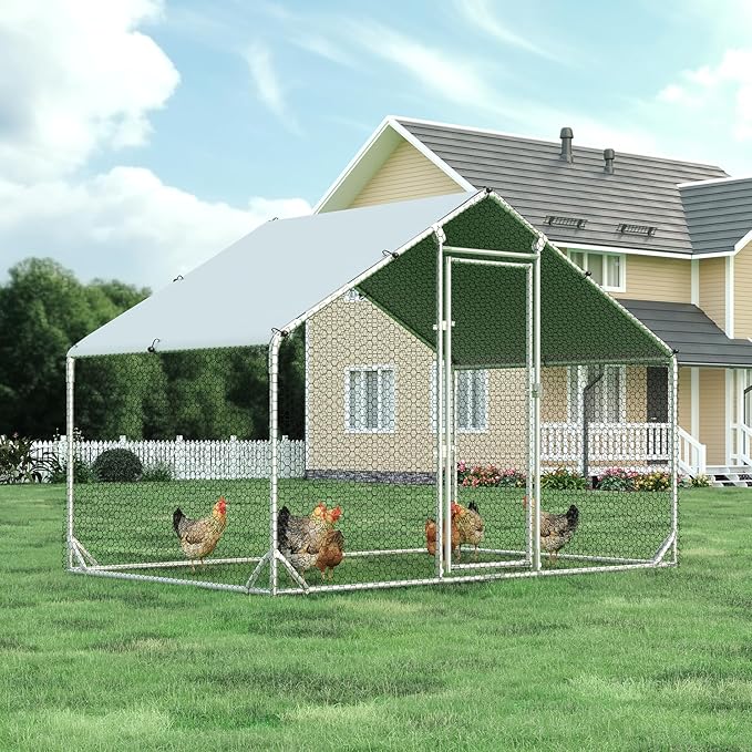 4ever2buy Large Metal Chicken Coop with Run Walk-in Poultry Cage Chicken Runs House Pen Cage Spire Roofed Chicken Coops with Anti-Ultraviolet Cover for Outdoor Backyard Farm Use 9.8’L x 6.6’W x 6.4’H