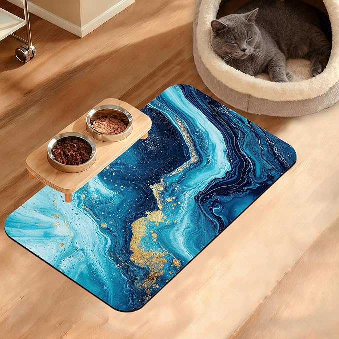 Dog Bowl Mat,Blue Gold Marble Pet Feeding Mat for Floors Waterproof,Flowing Absorbent Dogs Placemat for Food and Water Quick Dry Pet Cat Feeding Mats with Non Slip Bottom 12" x 20"