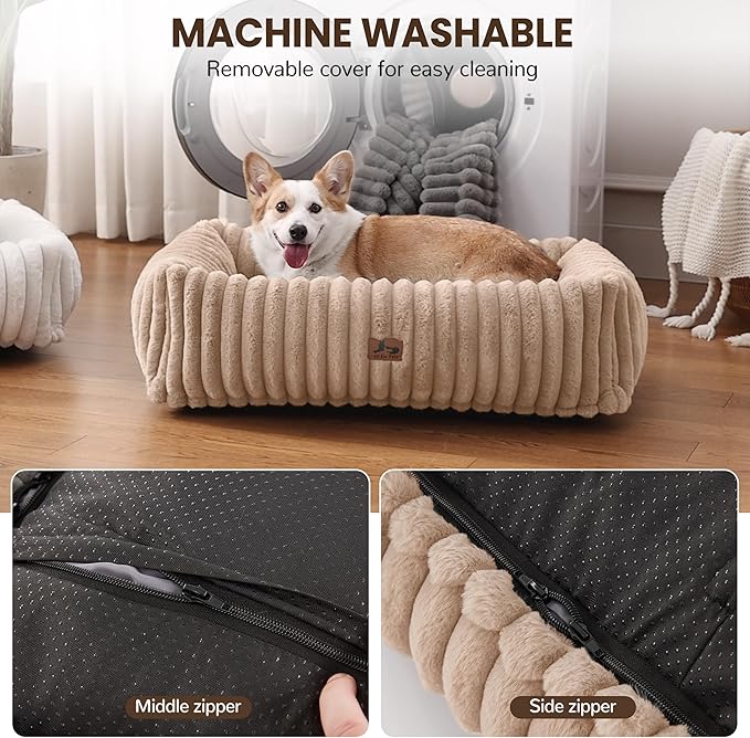 Washable Dog Bed for Small Medium Dogs - Rectangle Orthopedic Corduroy Fleece Pet Bed with Removable Cover and Nonskid Bottom, Calming Puppy Bed Soft Pet Sofa, Camel(30x24x8inchs)