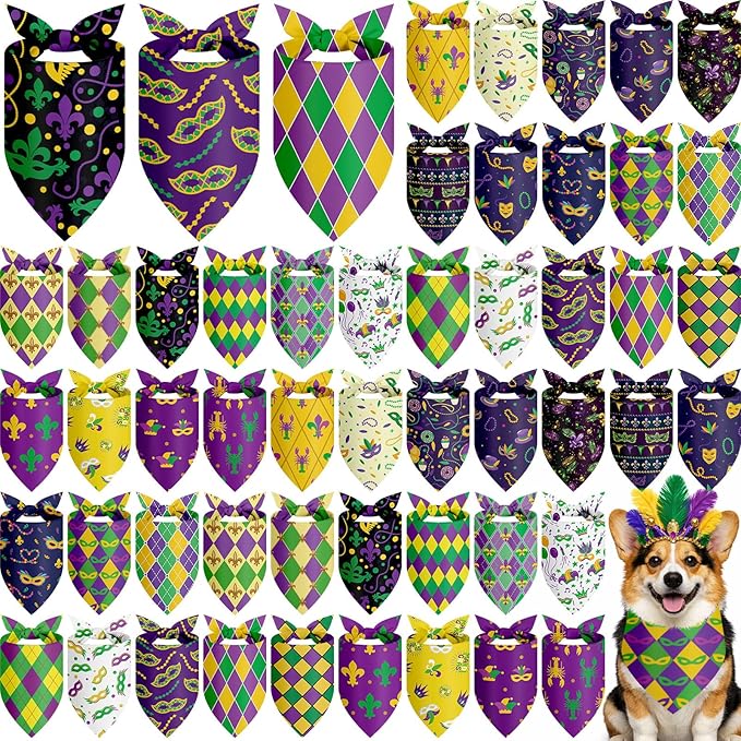 Abbylike 50 Pcs Mardi Gras Dog Bandanas Bulk Purple Green and Gold Bandanas for Dogs Triangle Kerchief Bibs Scarf Set for Pet Carnival Costume Photo Props Accessories Shops (25.6 x 17.7 x 17.7)