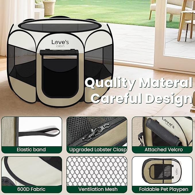 Love's cabin Pet Puppy Dog Playpen, Medium Dog Tent Crates Cage Indoor/Outdoor, Portable Playpen for Cat, Foldable Pop Up Dog Kennel Playpen with Carring Case, Removable Zipper Top, Khaki